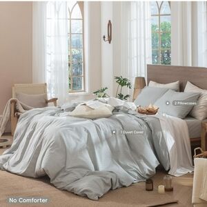 MooMee Striped Duvet Cover Set 100% Washed Cotton Linen Like Textured Breathable